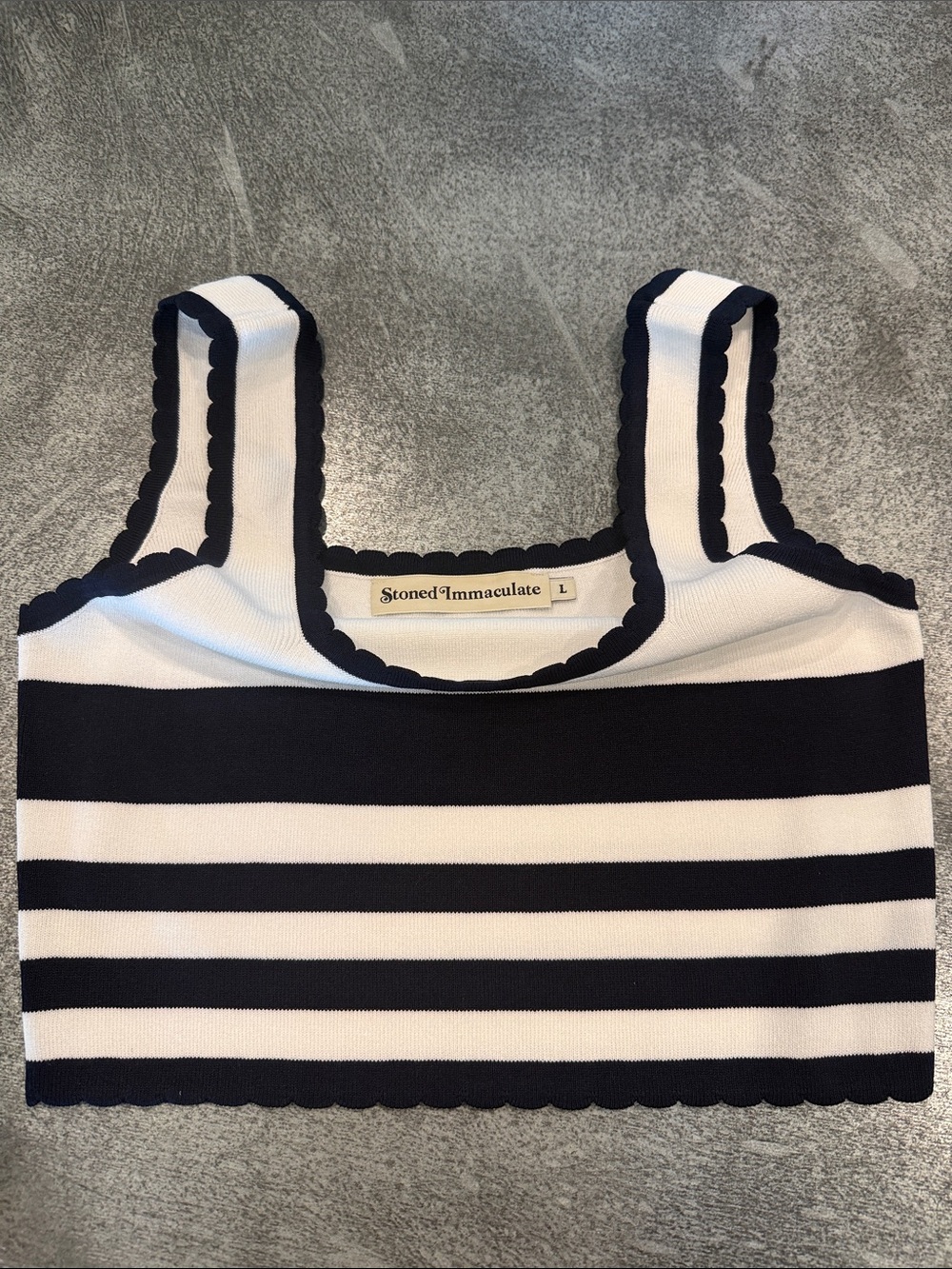 Stoned Immaculate Navy & White Striped Scalloped Crop Tank